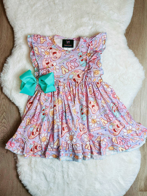 Bowtism Little Miss Artist School Ruffled Lace Dress with Matching Bow - Bowtism